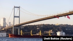 A cargo vessel carrying Ukrainian grain transits the Bosphorus, in Istanbul, Turkey, last month. 