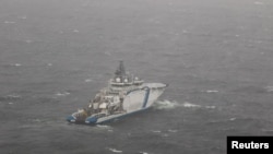 A Finnish Border Guard vessel patrols the waters above the location where an underwater pipeline between Finland and Estonia was damaged.