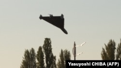 An Iranian-made Shahed-136 drone approaches for an attack in Kyiv in October. 