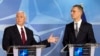 Mike Pence și Jens Stoltenberg la conferința de presă de la sediul NATO din Bruxelles, 20 februarie 2017