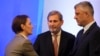 Serbian Prime Minister Ana Brnabic (left) speaks with Kosovar President Hashim Thaci (right) and EU Enlargement Commissioner Johannes Hahn, during a meeting in Sofia last month. 
