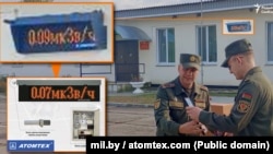 A detail from the background of a photo on a military base in Belarus shows a digital monitor that is measuring radiation.
