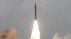 A Hatf-VI long-range surface-to-surface ballistic missile taking off during a test-firing from an undisclosed location in Pakistan, April 2008