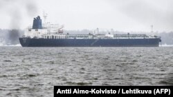 The Eagle S oil taker, which is suspected of belonging to Russia's "shadow fleet," is seen anchored in the Gulf of Finland in January. 