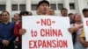 People protest against the construction of Chinese factories in Kazakhstan during a rally in Almaty on September 4.