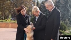 Moldovan President Maia Sandu (left) and her dog greet Austrian President Alexander Van der Bellen (right) and Slovenian President Natasa Pirc Musar in Chisinau on November 16.