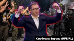 Колаж на сръбския президент Александър Вучич и снимка от протестите в Сърбия.