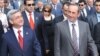 Armenia -- President Serzh Sarkisian (L) and his successor Robert Kocharian attend a ceremony marking the 18th anniversary of Nagorno-Karabakh's declaration of independence, 02Sep2009.