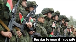 Belarusian soldiers attend the opening ceremony of the Zapad-2021 military exercises in Russia's Nizhny Novgorod region.